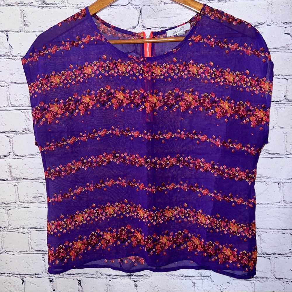 dELiA’s Y2K Sheer Purple Floral Blouse Size Medium